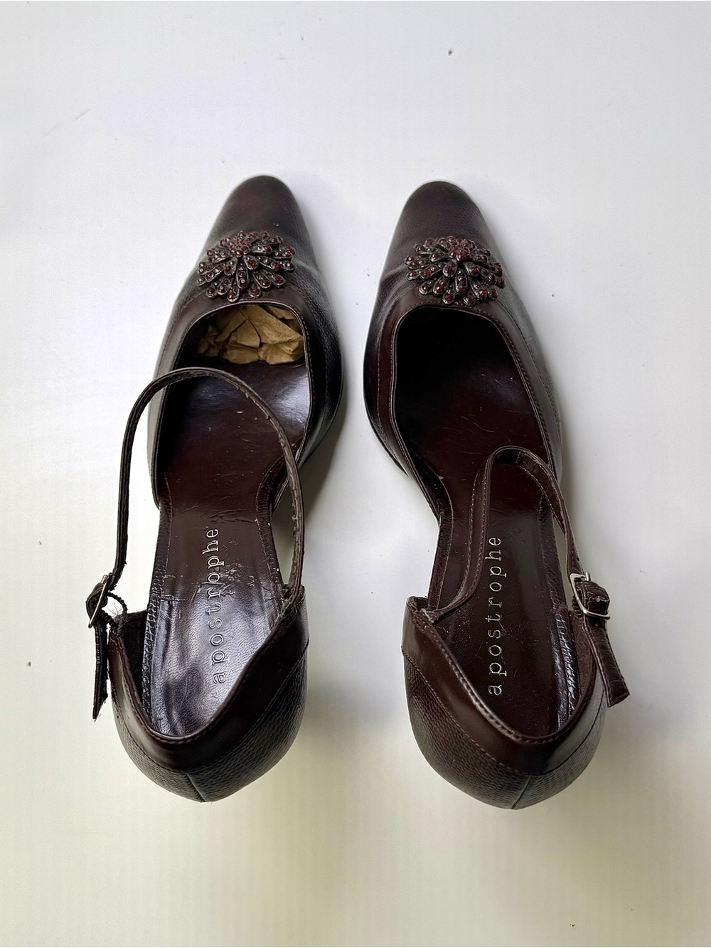 Apostrophe Jett Brown Pointed Toe Mary Jane Strappy Kitten Heels Women's Size 7M - Picture 4 of 16